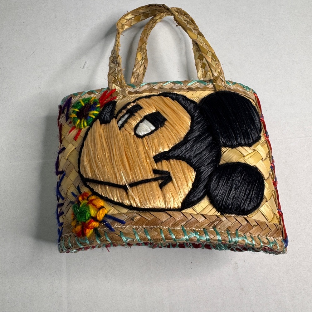 Vintage Handwoven Mickey Mouse Straw Tote Bag – Unique & Colorful